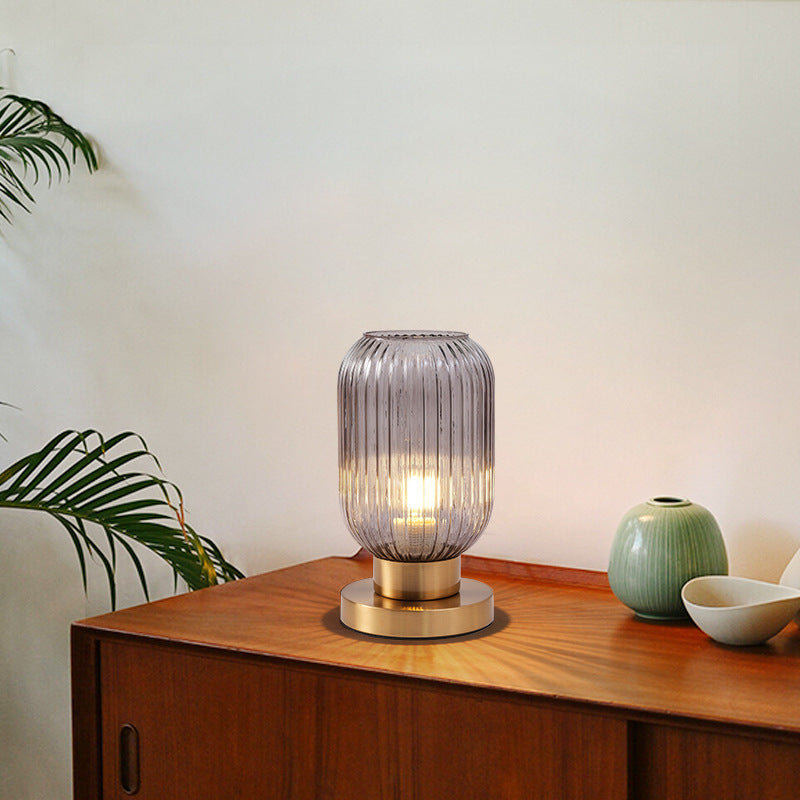 Contemporary Scandinavian Round Cylinder Striped Iron Glass 1-Light Table Lamp For Bedroom Lumendat