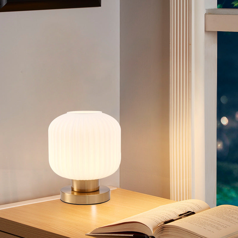 Contemporary Scandinavian Round Cylinder Striped Iron Glass 1-Light Table Lamp For Bedroom Lumendat