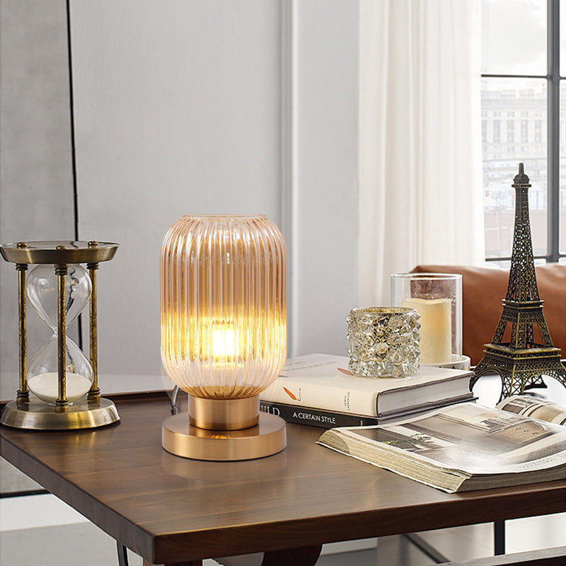 Contemporary Scandinavian Round Cylinder Striped Iron Glass 1-Light Table Lamp For Bedroom Lumendat