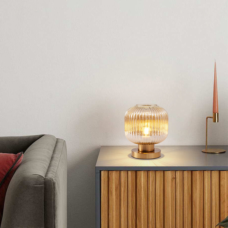 Contemporary Scandinavian Round Cylinder Striped Iron Glass 1-Light Table Lamp For Bedroom Lumendat