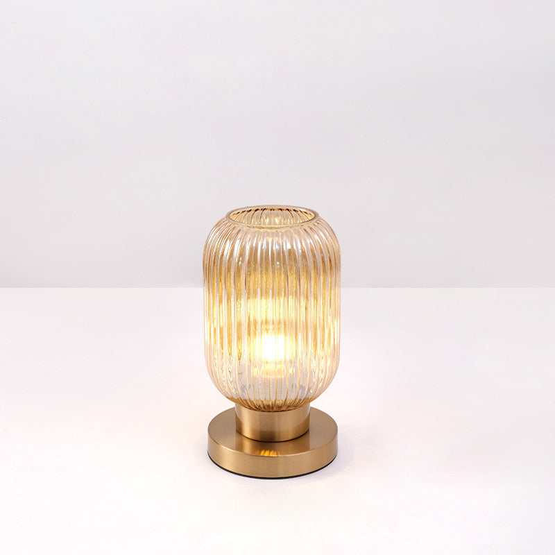 Contemporary Scandinavian Round Cylinder Striped Iron Glass 1-Light Table Lamp For Bedroom Lumendat