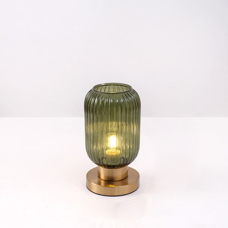 Contemporary Scandinavian Round Cylinder Striped Iron Glass 1-Light Table Lamp For Bedroom Lumendat