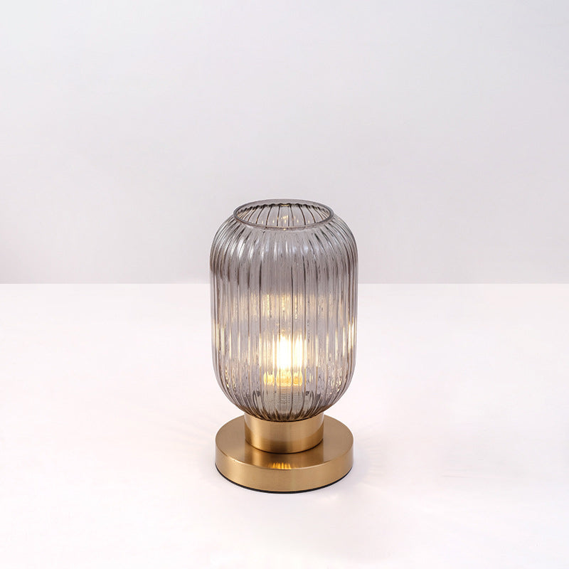 Contemporary Scandinavian Round Cylinder Striped Iron Glass 1-Light Table Lamp For Bedroom Lumendat