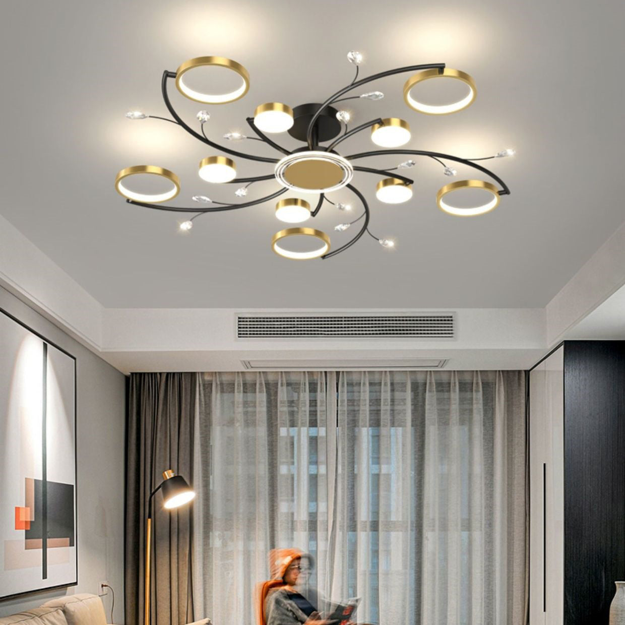 Contemporary Scandinavian Branch Round Iron Acrylic LED Semi-flush Mount Ceiling Light for Living Room