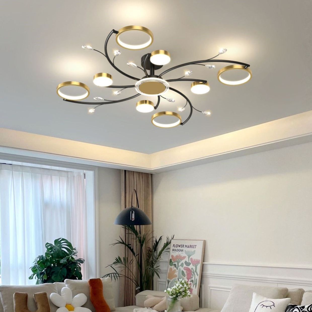 Contemporary Scandinavian Branch Round Iron Acrylic LED Semi-flush Mount Ceiling Light for Living Room