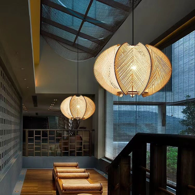 Traditional Japanese Oval Flake Mesh Wooden Fabric 1-Light Pendant Light For Living Room