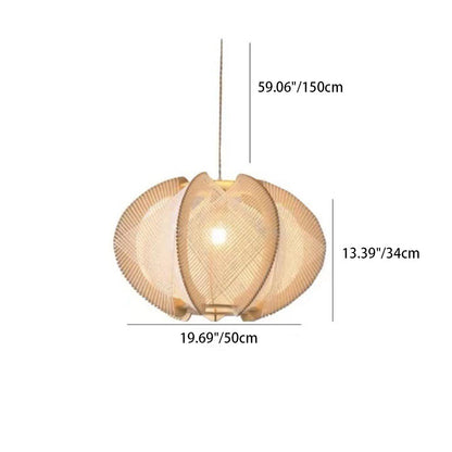 Traditional Japanese Oval Flake Mesh Wooden Fabric 1-Light Pendant Light For Living Room