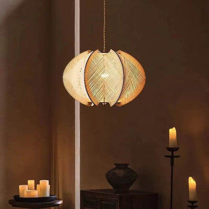 Traditional Japanese Oval Flake Mesh Wooden Fabric 1-Light Pendant Light For Living Room