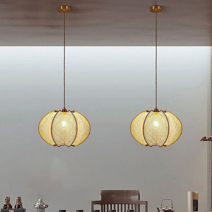 Traditional Japanese Oval Flake Mesh Wooden Fabric 1-Light Pendant Light For Living Room