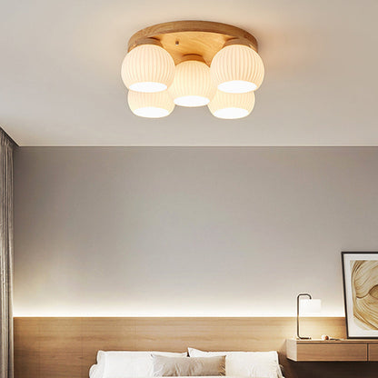 Contemporary Scandinavian Round Ball Solid Wood Metal Glass 3/5 Semi-Flush Mount Ceiling Light For Bedroom