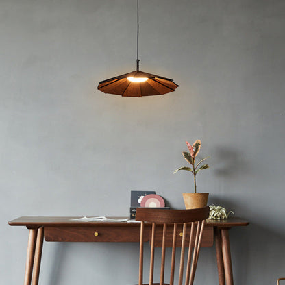 Traditional Japanese Umbrella Iron Wooden LED Pendant Light For Living Room