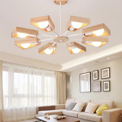 Contemporary Scandinavian Trapezoidal Branch Disc Base Iron Wood 3/5/6/8 Chandelier for Living Room