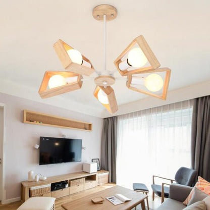 Contemporary Scandinavian Trapezoidal Branch Disc Base Iron Wood 3/5/6/8 Chandelier for Living Room