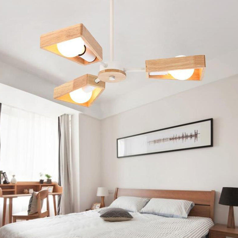 Contemporary Scandinavian Trapezoidal Branch Disc Base Iron Wood 3/5/6/8 Chandelier for Living Room BulbSquare