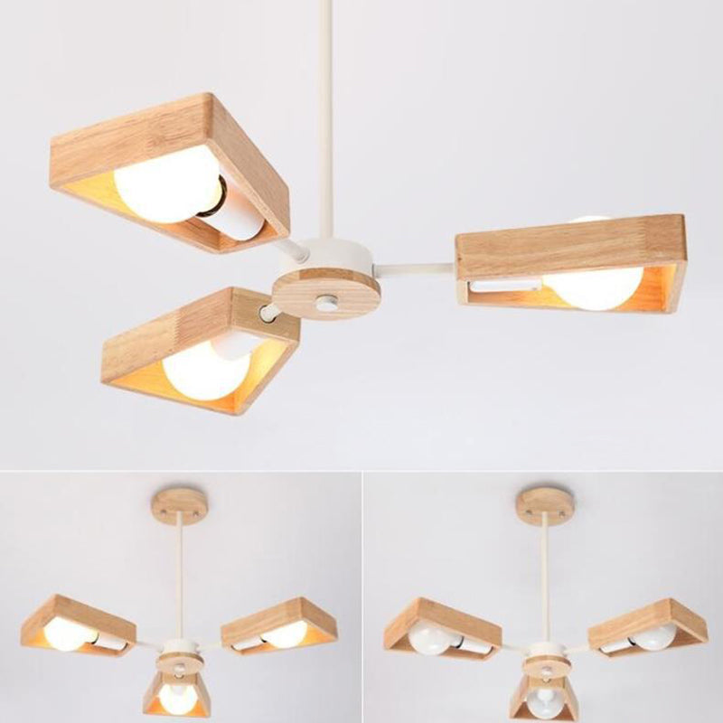 Contemporary Scandinavian Trapezoidal Branch Disc Base Iron Wood 3/5/6/8 Chandelier for Living Room BulbSquare