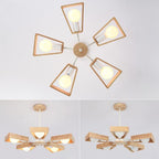 Contemporary Scandinavian Trapezoidal Branch Disc Base Iron Wood 3/5/6/8 Chandelier for Living Room BulbSquare