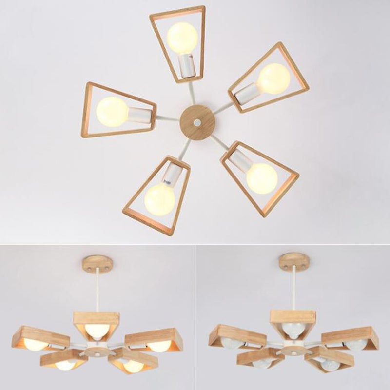 Contemporary Scandinavian Trapezoidal Branch Disc Base Iron Wood 3/5/6/8 Chandelier for Living Room BulbSquare