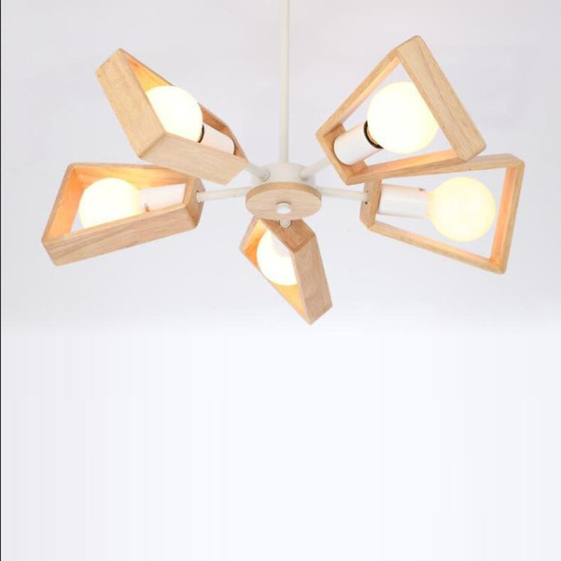 Contemporary Scandinavian Trapezoidal Branch Disc Base Iron Wood 3/5/6/8 Chandelier for Living Room BulbSquare