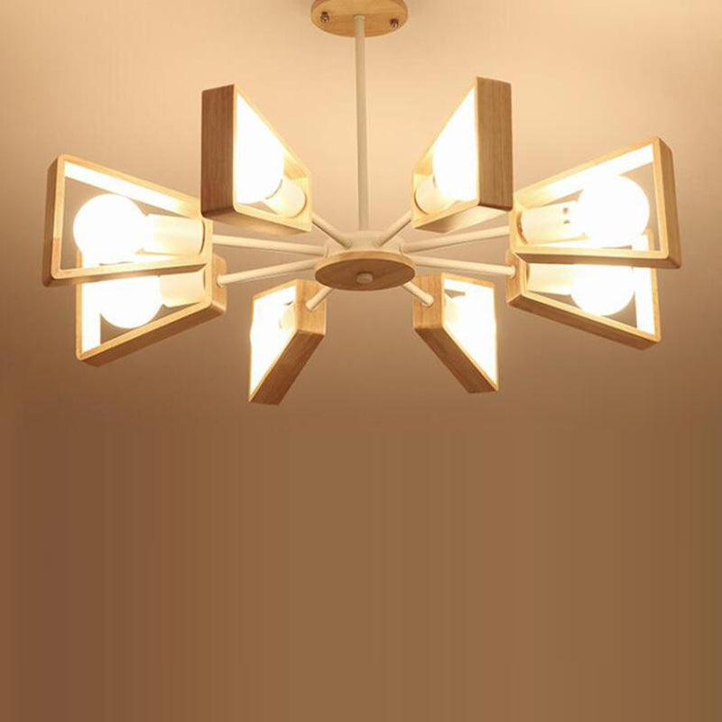 Contemporary Scandinavian Trapezoidal Branch Disc Base Iron Wood 3/5/6/8 Chandelier for Living Room BulbSquare
