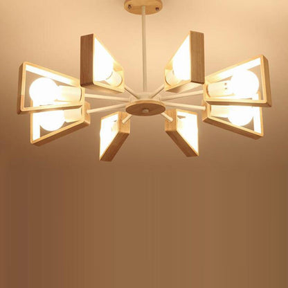Contemporary Scandinavian Trapezoidal Branch Disc Base Iron Wood 3/5/6/8 Chandelier for Living Room