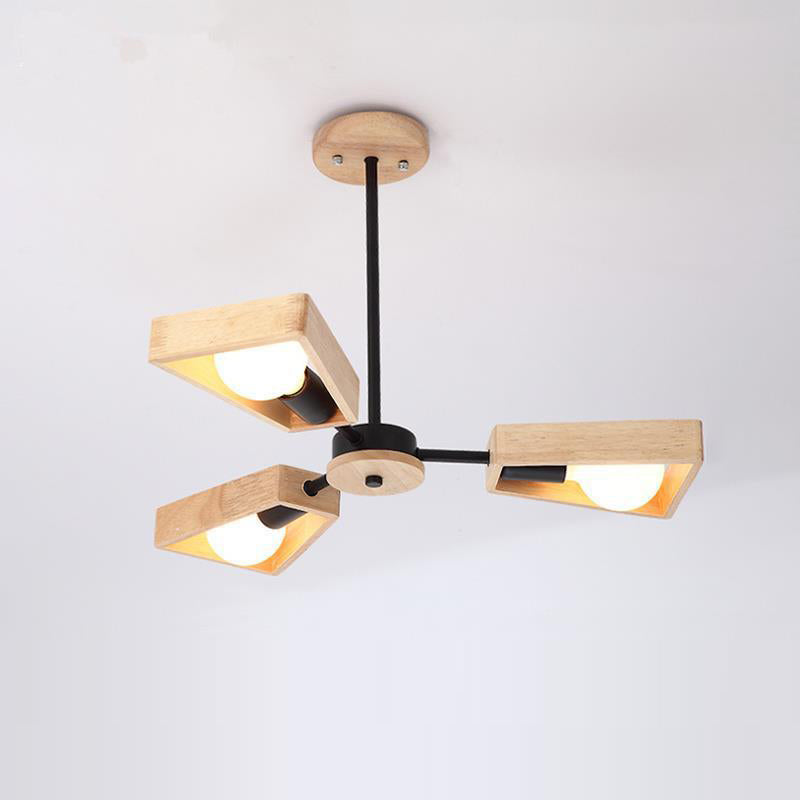 Contemporary Scandinavian Trapezoidal Branch Disc Base Iron Wood 3/5/6/8 Chandelier for Living Room