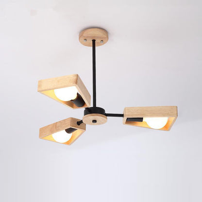Contemporary Scandinavian Trapezoidal Branch Disc Base Iron Wood 3/5/6/8 Chandelier for Living Room