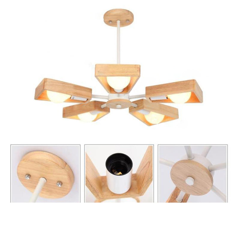 Contemporary Scandinavian Trapezoidal Branch Disc Base Iron Wood 3/5/6/8 Chandelier for Living Room BulbSquare