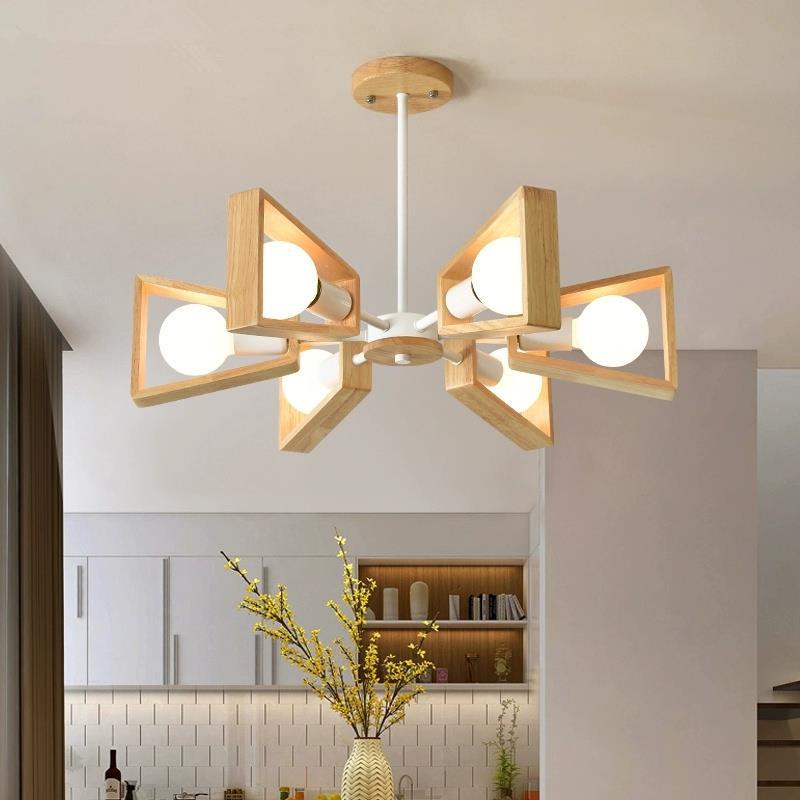 Contemporary Scandinavian Trapezoidal Branch Disc Base Iron Wood 3/5/6/8 Chandelier for Living Room BulbSquare