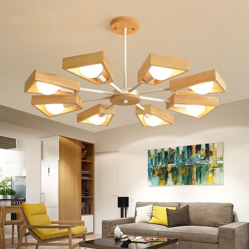 Contemporary Scandinavian Trapezoidal Branch Disc Base Iron Wood 3/5/6/8 Chandelier for Living Room BulbSquare