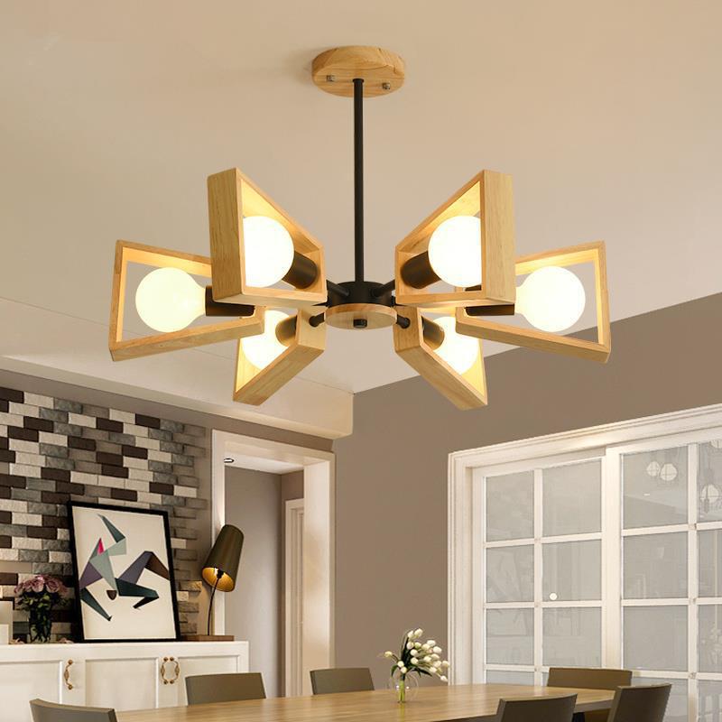 Contemporary Scandinavian Trapezoidal Branch Disc Base Iron Wood 3/5/6/8 Chandelier for Living Room BulbSquare