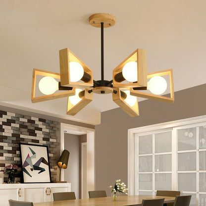 Contemporary Scandinavian Trapezoidal Branch Disc Base Iron Wood 3/5/6/8 Chandelier for Living Room