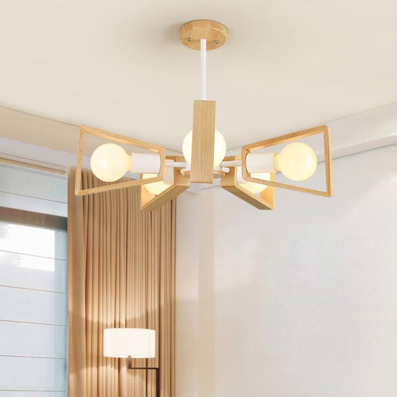 Contemporary Scandinavian Trapezoidal Branch Disc Base Iron Wood 3/5/6/8 Chandelier for Living Room