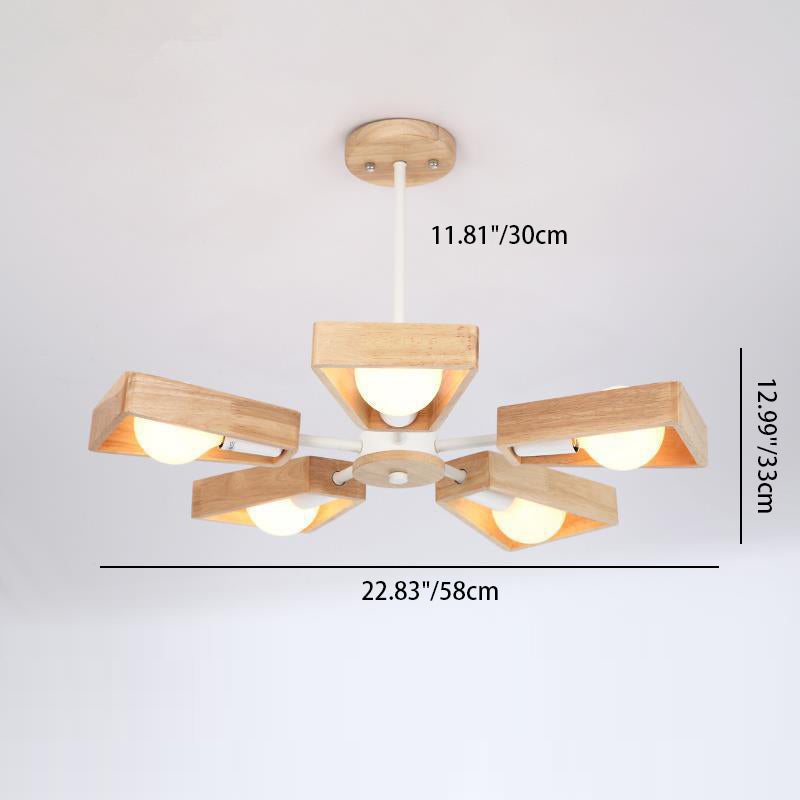 Contemporary Scandinavian Trapezoidal Branch Disc Base Iron Wood 3/5/6/8 Chandelier for Living Room BulbSquare