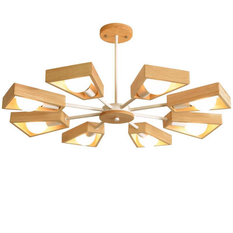 Contemporary Scandinavian Trapezoidal Branch Disc Base Iron Wood 3/5/6/8 Chandelier for Living Room