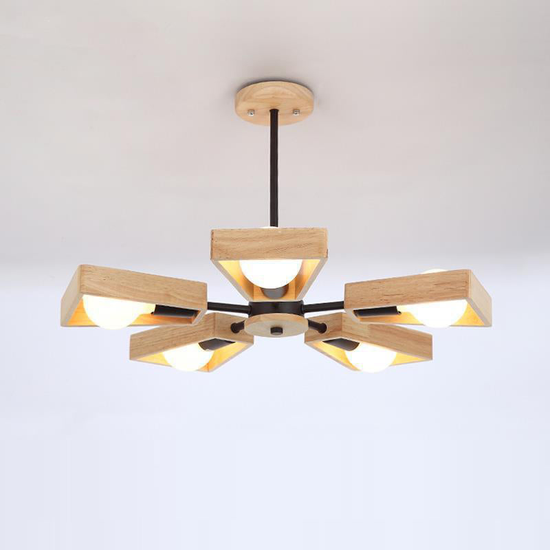 Contemporary Scandinavian Trapezoidal Branch Disc Base Iron Wood 3/5/6/8 Chandelier for Living Room