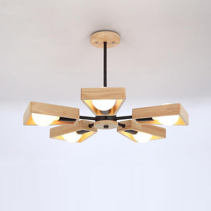Contemporary Scandinavian Trapezoidal Branch Disc Base Iron Wood 3/5/6/8 Chandelier for Living Room