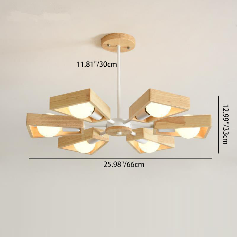 Contemporary Scandinavian Trapezoidal Branch Disc Base Iron Wood 3/5/6/8 Chandelier for Living Room