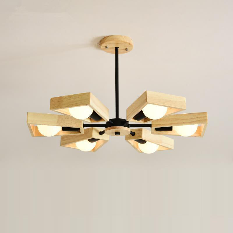 Contemporary Scandinavian Trapezoidal Branch Disc Base Iron Wood 3/5/6/8 Chandelier for Living Room