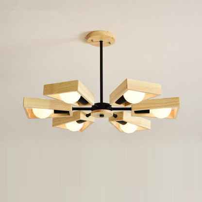 Contemporary Scandinavian Trapezoidal Branch Disc Base Iron Wood 3/5/6/8 Chandelier for Living Room