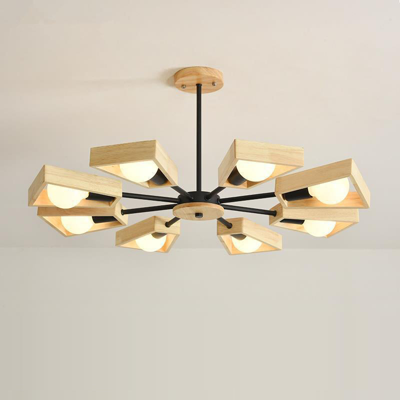 Contemporary Scandinavian Trapezoidal Branch Disc Base Iron Wood 3/5/6/8 Chandelier for Living Room BulbSquare