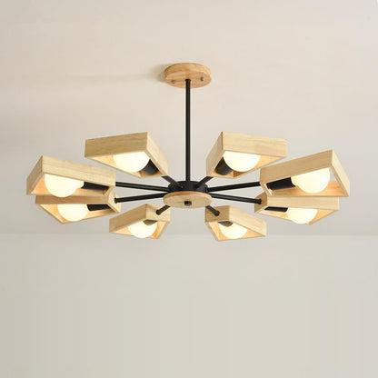 Contemporary Scandinavian Trapezoidal Branch Disc Base Iron Wood 3/5/6/8 Chandelier for Living Room