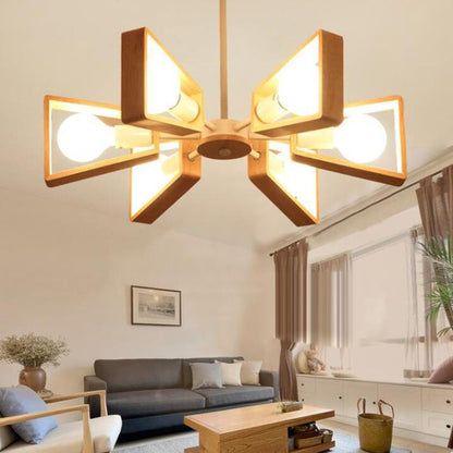 Contemporary Scandinavian Trapezoidal Branch Disc Base Iron Wood 3/5/6/8 Chandelier for Living Room