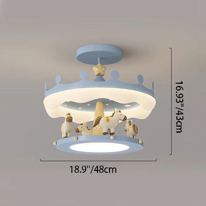 Contemporary Creative Cartoon Kids Round Carousel Iron Pe LED Semi-flush Mount Lighting for Bedroom
