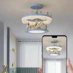 Contemporary Creative Cartoon Kids Round Carousel Iron Pe LED Semi-flush Mount Lighting for Bedroom