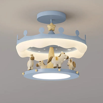 Contemporary Creative Cartoon Kids Round Carousel Iron Pe LED Semi-flush Mount Lighting for Bedroom