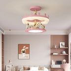 Contemporary Creative Cartoon Kids Round Carousel Iron Pe LED Semi-flush Mount Lighting for Bedroom