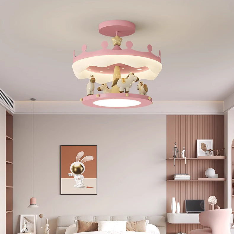 Contemporary Creative Cartoon Kids Round Carousel Iron Pe LED Semi-flush Mount Lighting for Bedroom