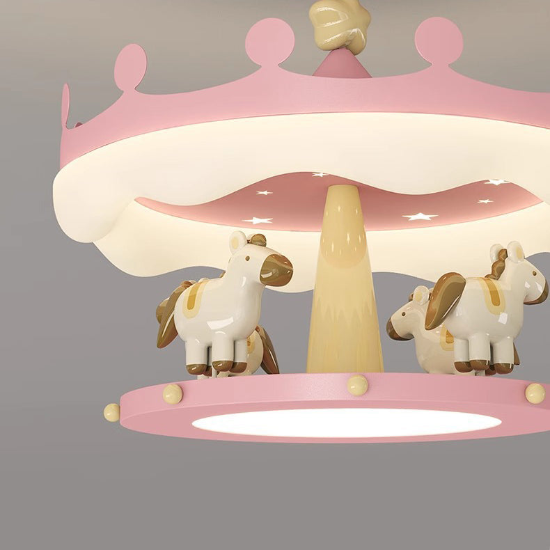 Contemporary Creative Cartoon Kids Round Carousel Iron Pe LED Semi-flush Mount Lighting for Bedroom