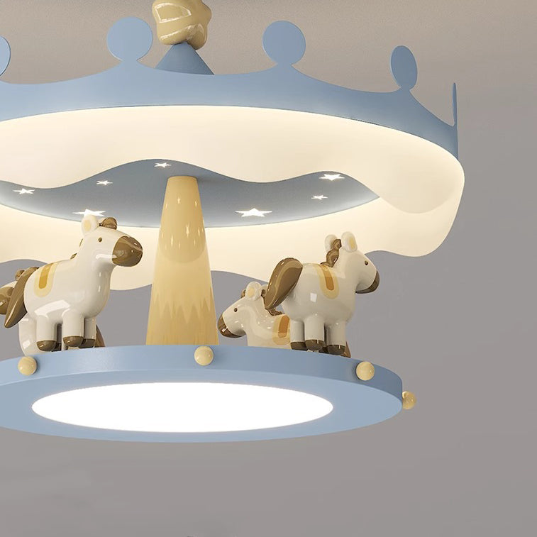 Contemporary Creative Cartoon Kids Round Carousel Iron Pe LED Semi-flush Mount Lighting for Bedroom