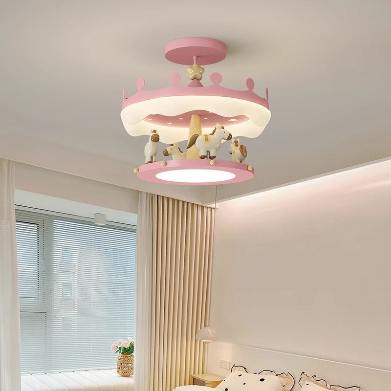 Contemporary Creative Cartoon Kids Round Carousel Iron Pe LED Semi-flush Mount Lighting for Bedroom